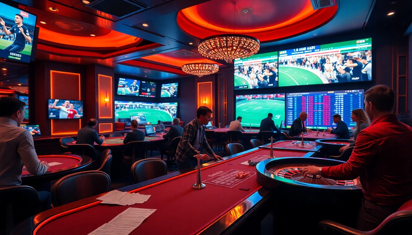 Dynamic betting scene showcasing the excitement of site de paris sportifs with gamblers and vibrant screens.