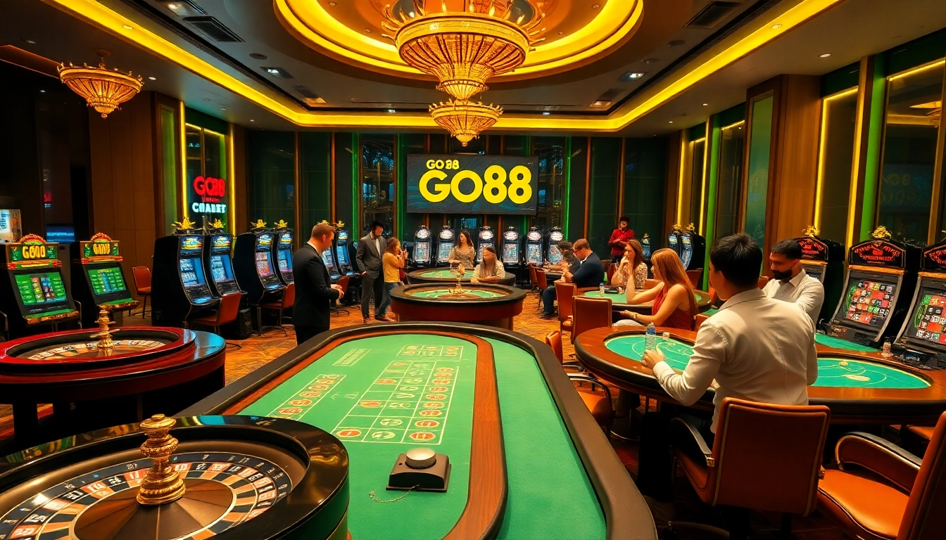 GO88 players enjoying a dynamic casino experience with roulette wheels and poker tables.
