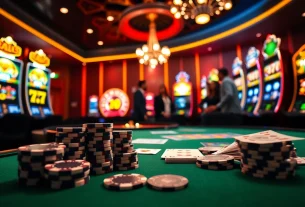 Excited players celebrating a win at "rik vip" casino with vibrant gaming tables and roulette wheels.