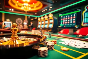 Players placing bets and enjoying a thrilling game at https://debet66.com/ casino table with cards and chips.