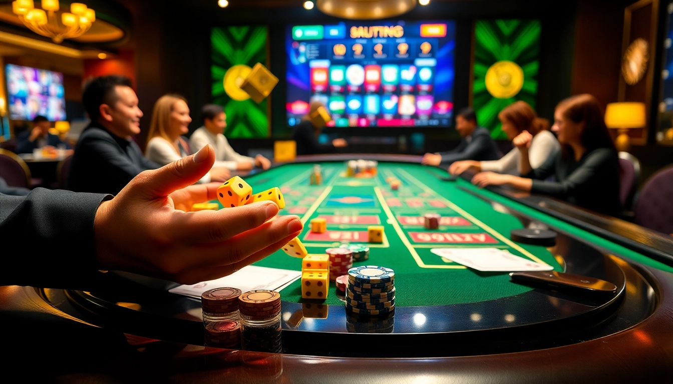 Engaged players strategizing over a tài xỉu online table with colorful chips and dice.