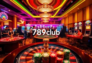 Excited players enjoying thrilling games at 789club casino, surrounded by vibrant slot machines and roulette.