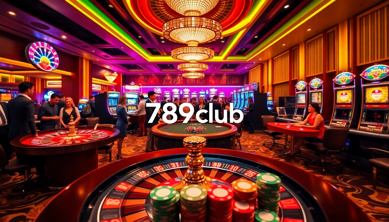 Excited players enjoying thrilling games at 789club casino, surrounded by vibrant slot machines and roulette.