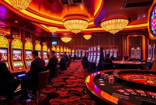 Experience the thrill of nổ hũ with an exciting casino scene featuring vibrant slot machines and engaged players.