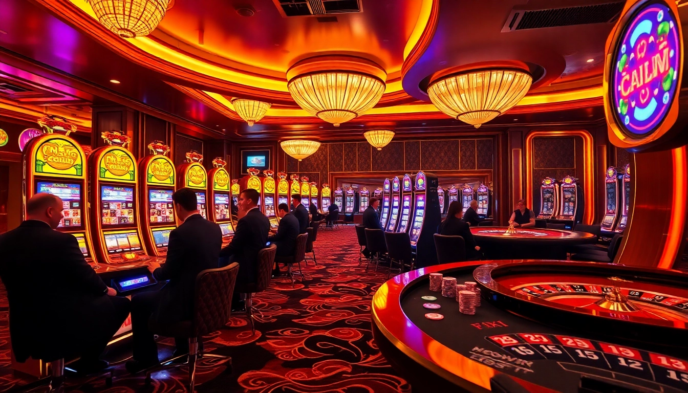 Experience the thrill of nổ hũ with an exciting casino scene featuring vibrant slot machines and engaged players.