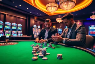 Engaging players at a luxurious casino gaming table featuring S8-themed chips and vibrant action.