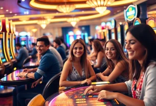 Des joueurs s'amusent au casino en ligne avec des machines à sous illuminées et une ambiance chaleureuse.