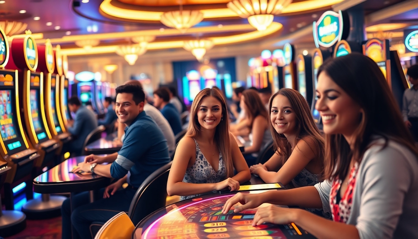 Des joueurs s'amusent au casino en ligne avec des machines à sous illuminées et une ambiance chaleureuse.
