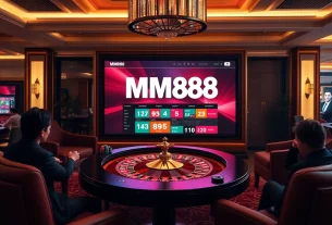 Experience the excitement of gambling at MM88 with a vibrant casino scene featuring roulette and poker games.