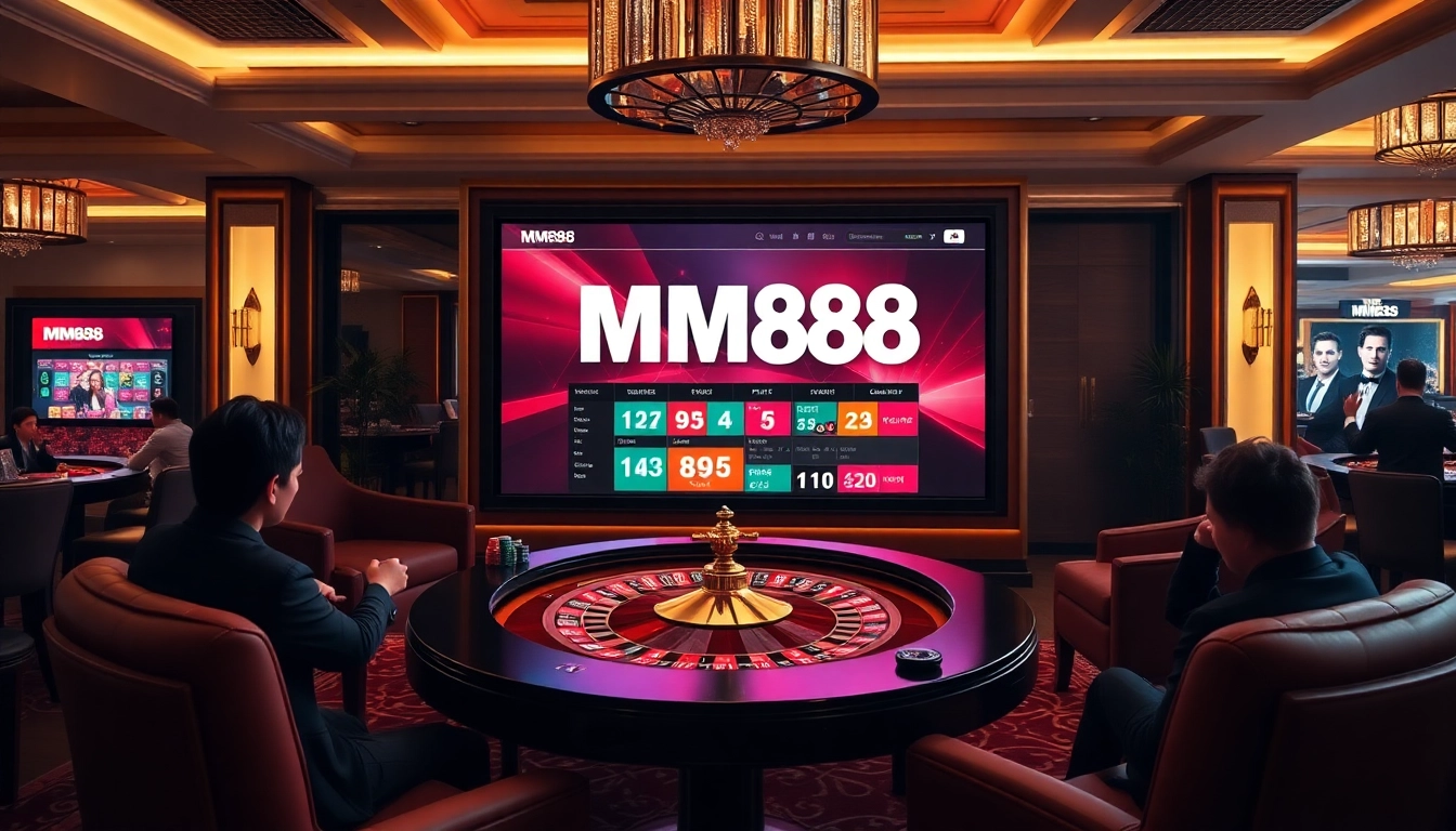 Experience the excitement of gambling at MM88 with a vibrant casino scene featuring roulette and poker games.