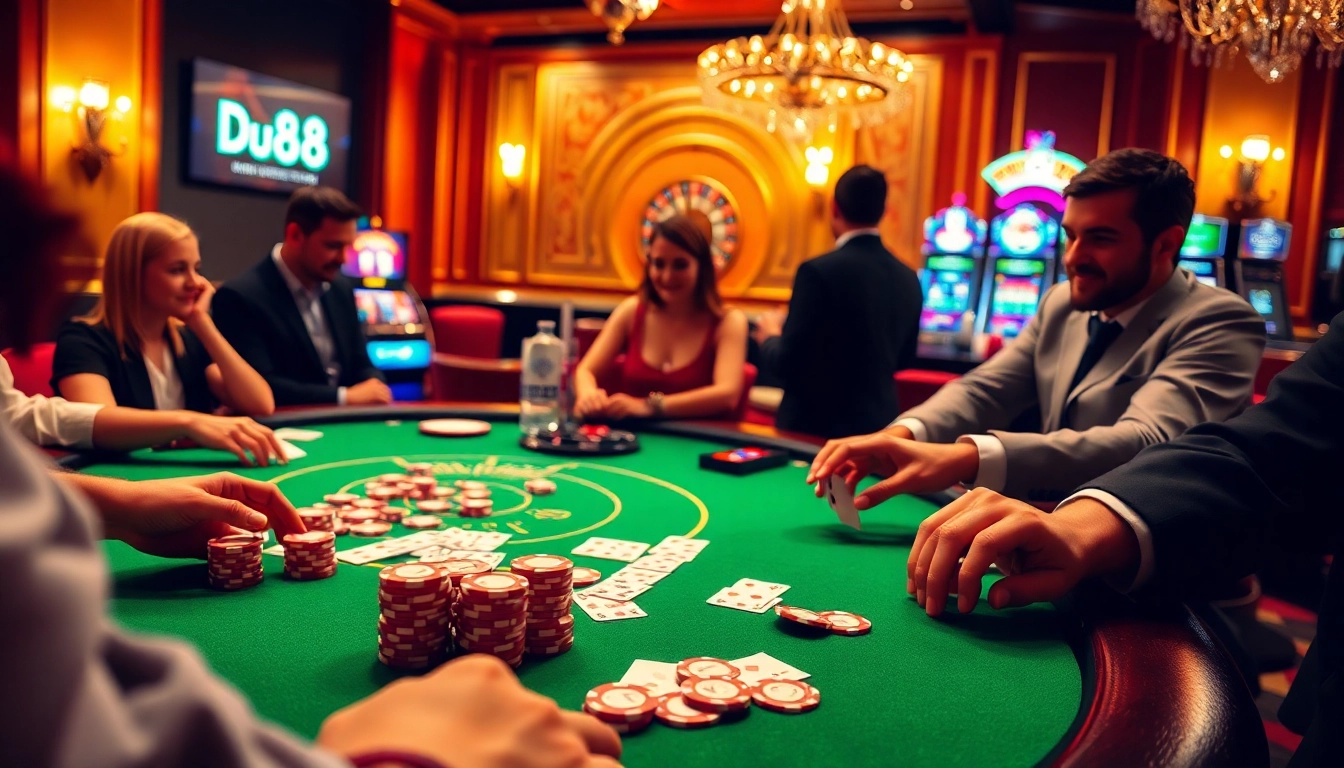 Players enjoying a high-stakes poker game, showcasing Du88's luxurious casino atmosphere.