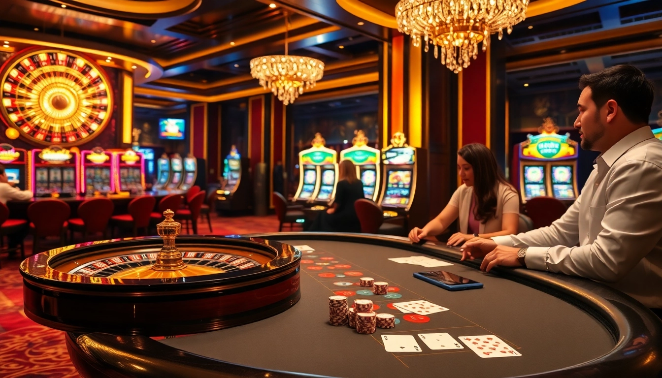 Players enjoying vibrant games at j88.gives casino with roulette, cards, and poker chips.