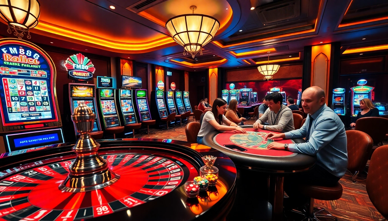 FM88 players engage with vibrant slot machines and poker tables in a luxurious casino setting.