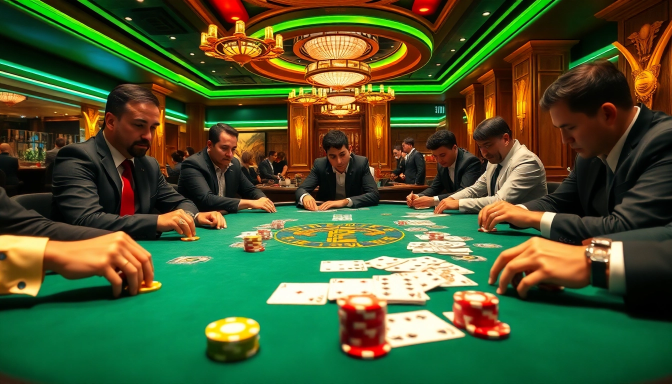 Engaging scene of gambling excitement with keonhacai5 prominently showcased around a poker table.