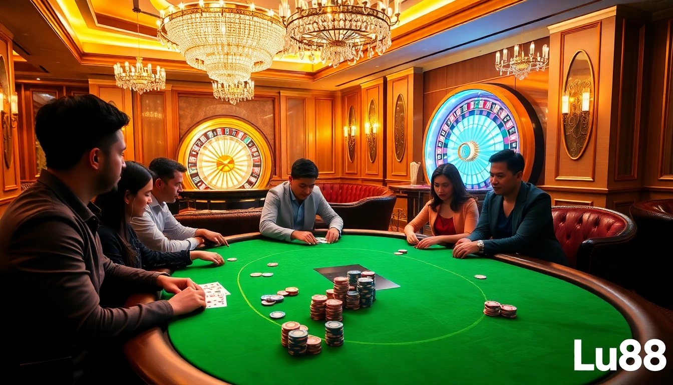 Experience thrilling gameplay at Lu88 with vibrant poker tables and exciting roulette scenes.
