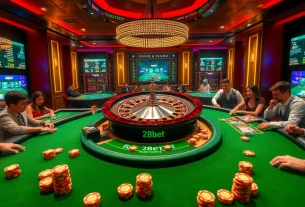 Exciting online gambling scene at 28bet featuring poker games, roulette wheel, and vibrant atmosphere.