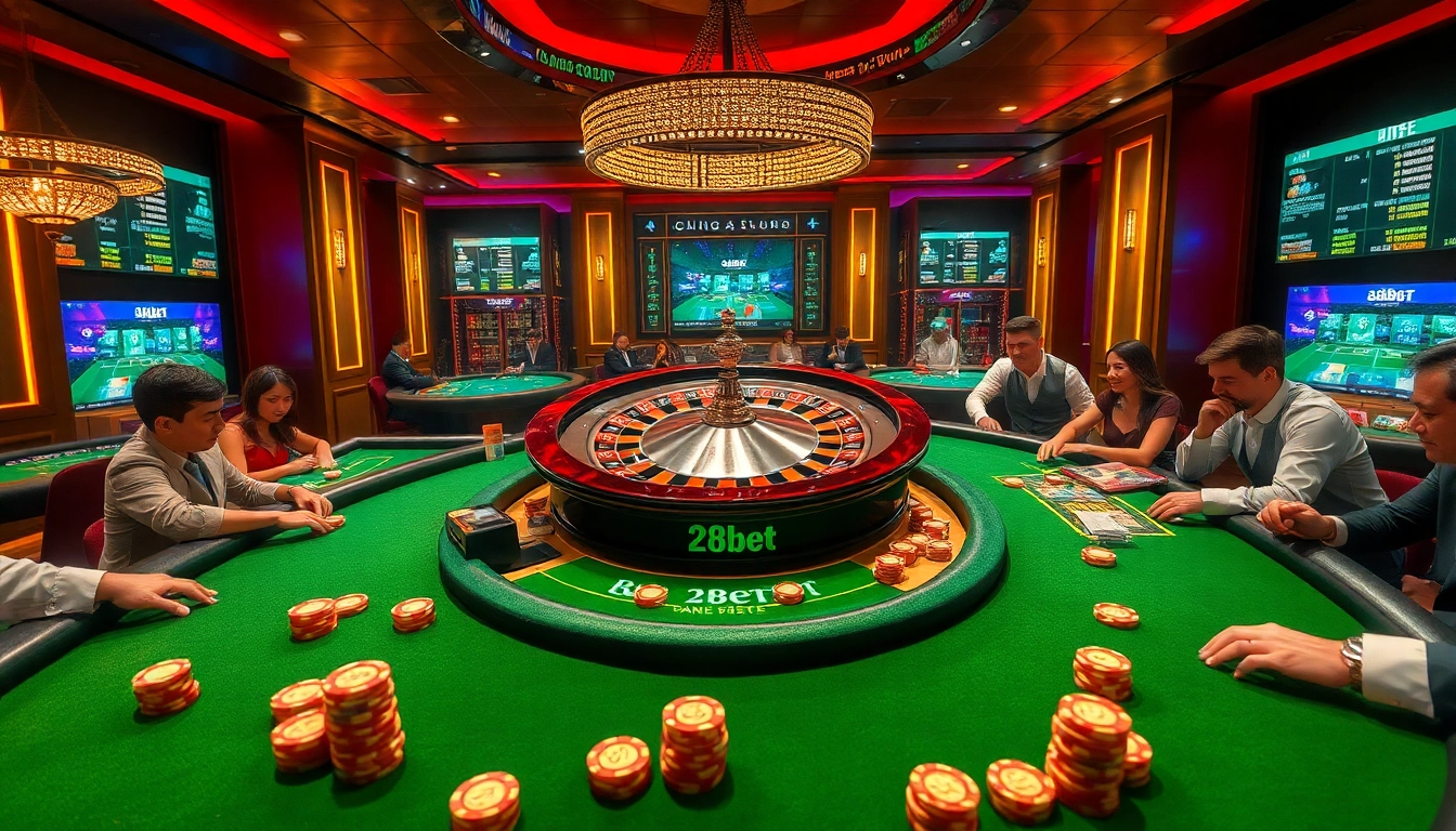 Exciting online gambling scene at 28bet featuring poker games, roulette wheel, and vibrant atmosphere.