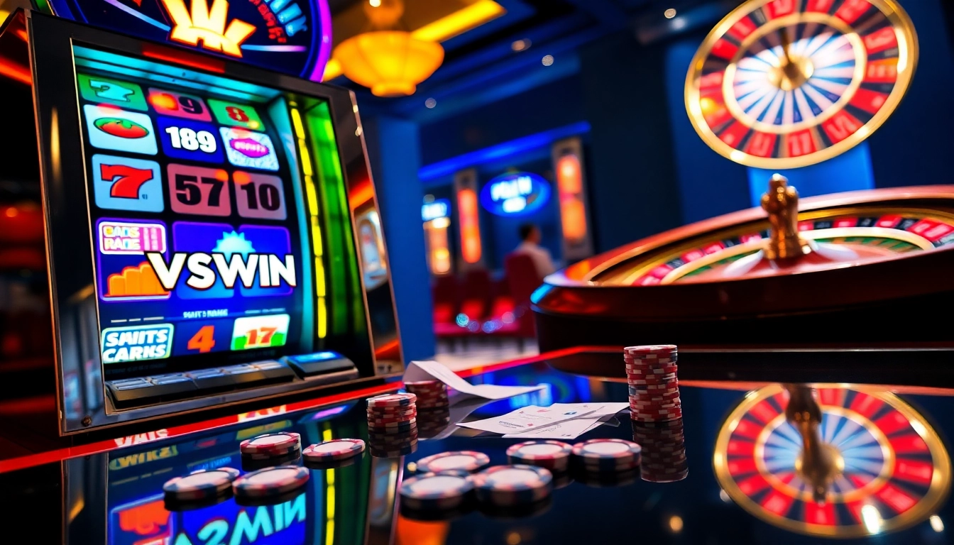 Experience the thrill of VSWIN with vibrant slot machines, poker chips, and roulette at a luxury casino.