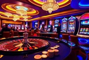 Exciting casino scene depicting gameplay at https://123b.ing/ with roulette, slots, and eager players.
