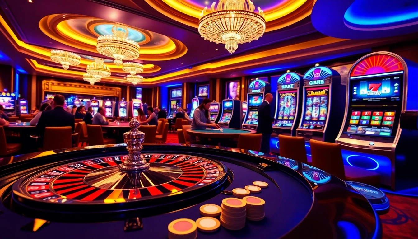 Exciting casino scene depicting gameplay at https://123b.ing/ with roulette, slots, and eager players.