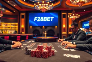 Watch players at an F8BET poker table enjoying a high-stakes game with vibrant chips and cards.