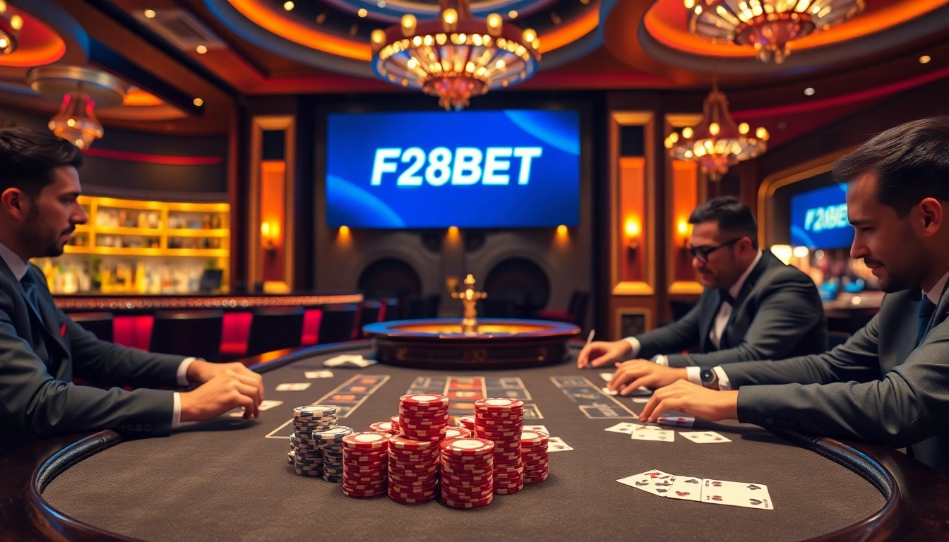 Watch players at an F8BET poker table enjoying a high-stakes game with vibrant chips and cards.