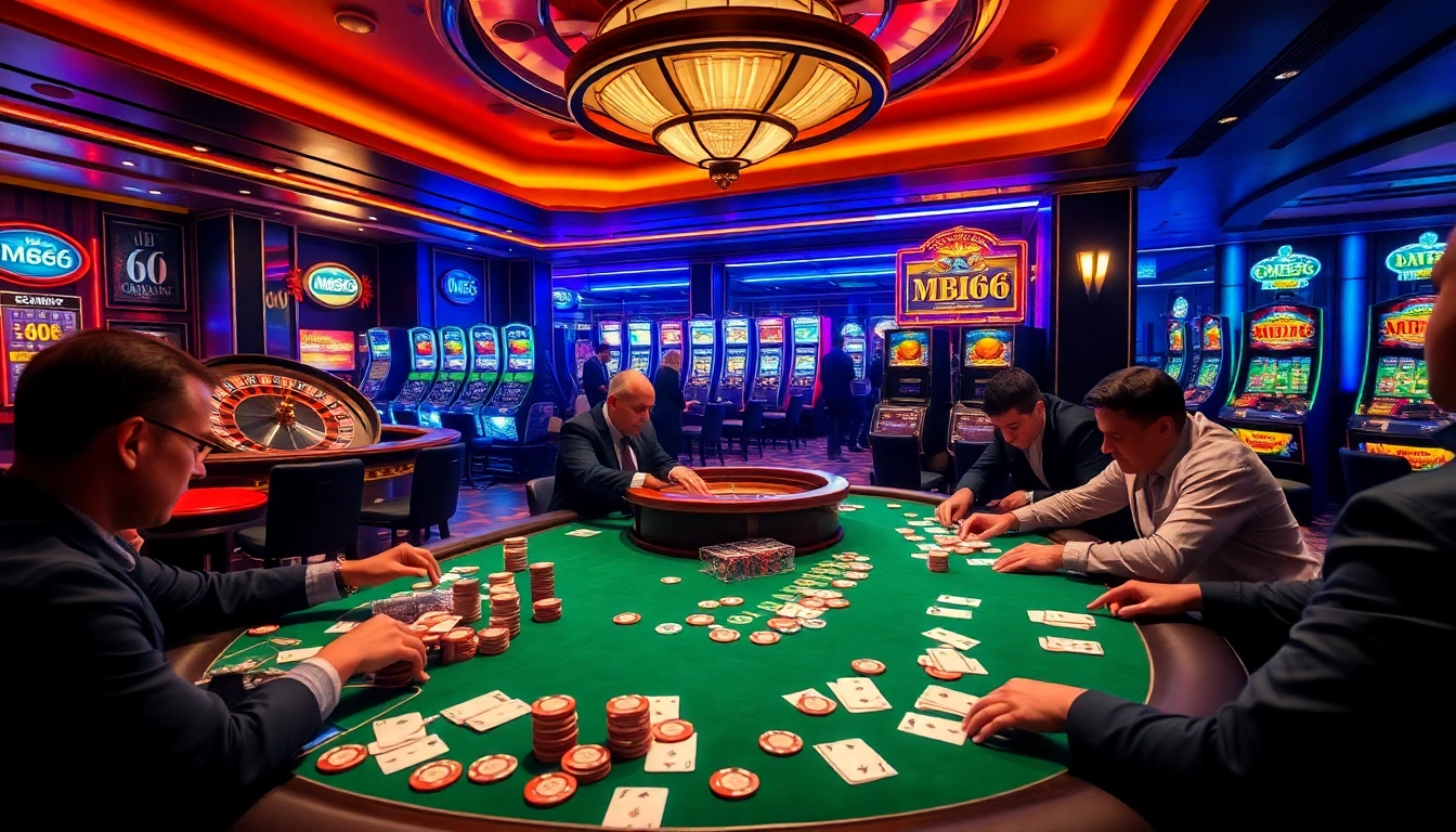Exciting MB66 casino experience with high-stakes poker and vibrant slot machines.