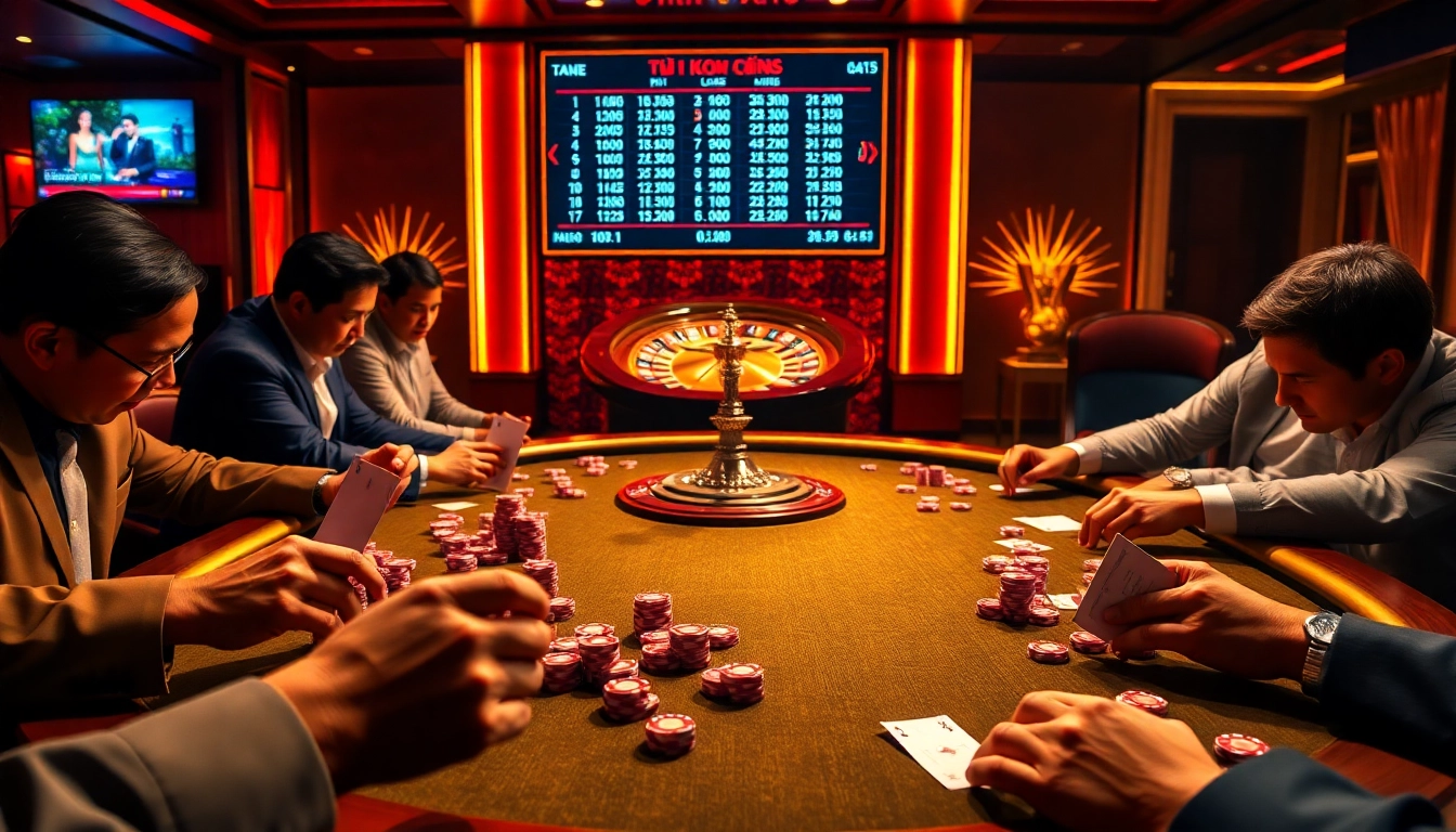 Engaged players strategizing with tỷ lệ kèo odds at a poker table in a luxurious casino.