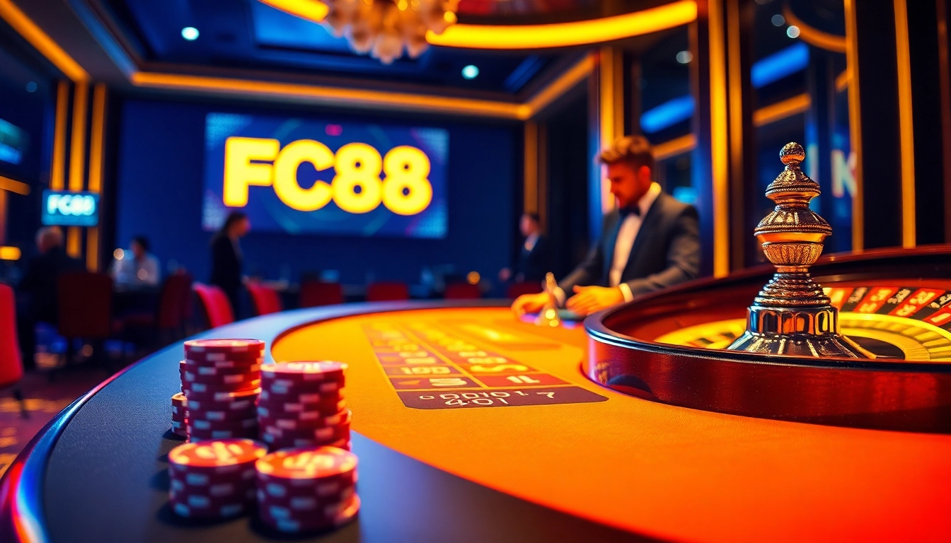 Experience thrilling gameplay at FC88's dynamic casino table under vibrant lights.