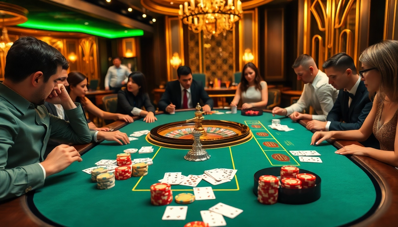 Players enjoying a casino experience at https://nohu90.ac/, with vibrant colors and luxury elements.