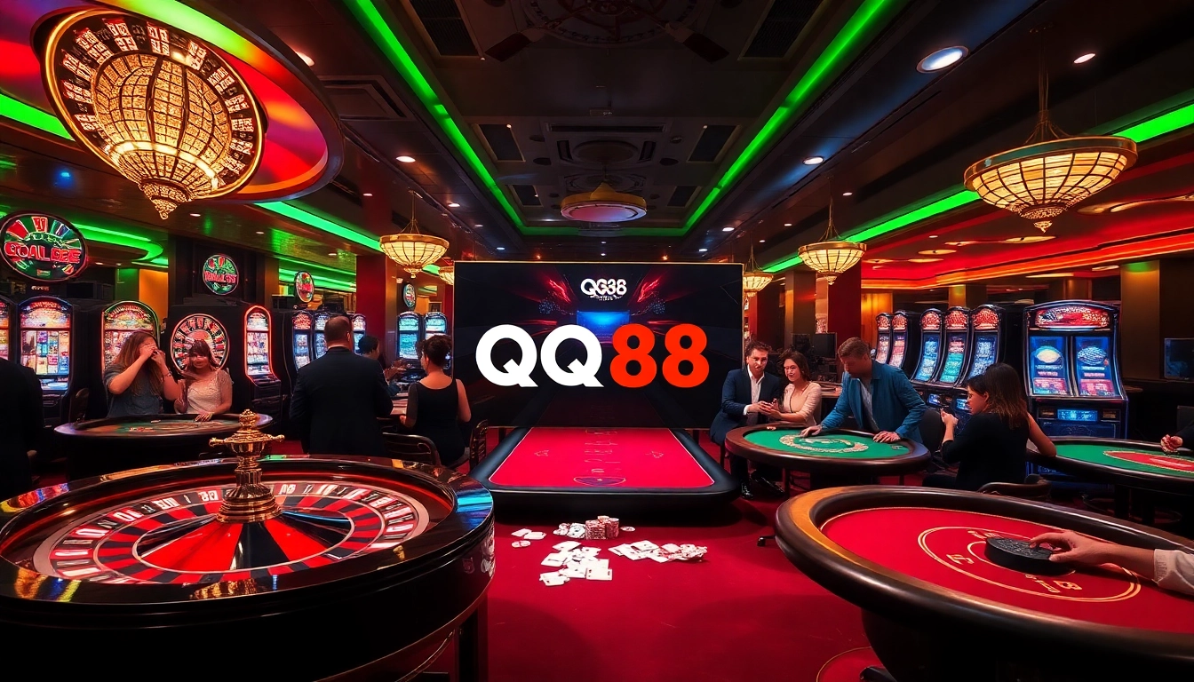 Experience thrilling gaming at QQ88 with vibrant casino tables adorned with poker chips.
