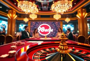 Experience thrilling gameplay at 98WIN with poker chips and a roulette wheel.