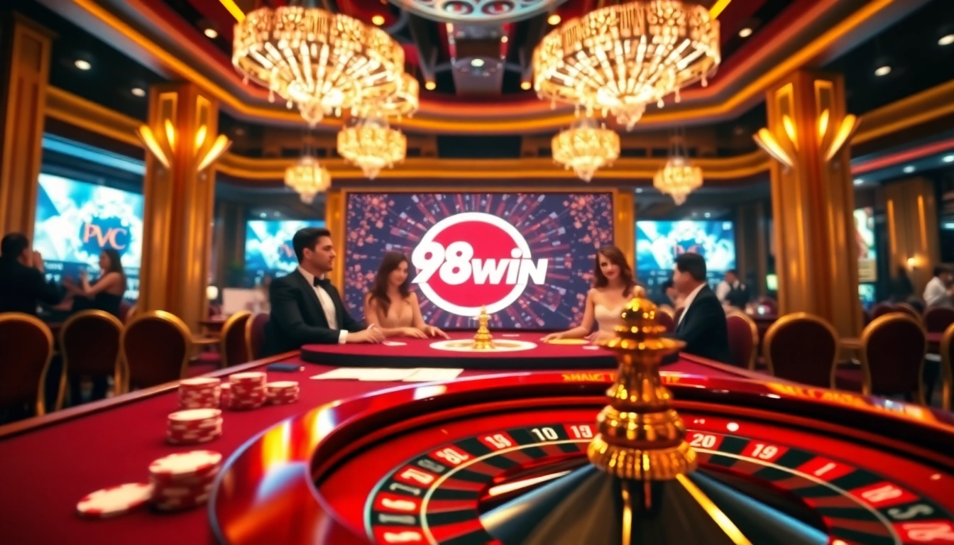Experience thrilling gameplay at 98WIN with poker chips and a roulette wheel.