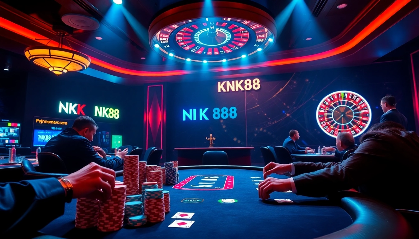 Intense poker game at NK88 casino showcasing vibrant chips and exciting atmosphere.
