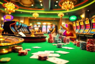 A dynamic scene of casino excitement showcasing nhà cái lode88 with roulette wheel, poker chips, and players celebrating wins.