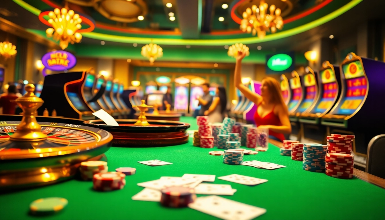 A dynamic scene of casino excitement showcasing nhà cái lode88 with roulette wheel, poker chips, and players celebrating wins.