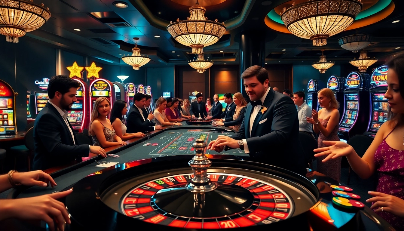 Scène passionnante de casino en ligne France avec des joueurs à une table, mettant en avant le luxe et le frisson.