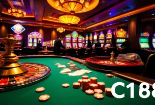 C168 players strategizing at a luxurious poker table with roulette and slot machines in view.