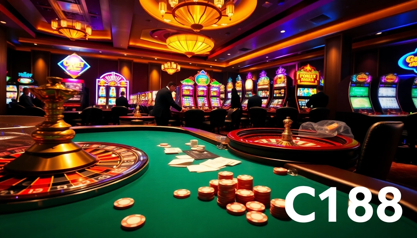 C168 players strategizing at a luxurious poker table with roulette and slot machines in view.