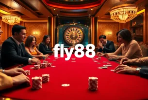 Play poker at an elegant table at fly88, featuring excited players and high-stakes thrills.