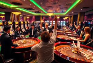 Exciting gaming experience at nhà cái fc88 with luxurious casino tables, professionals, and enthusiastic players.