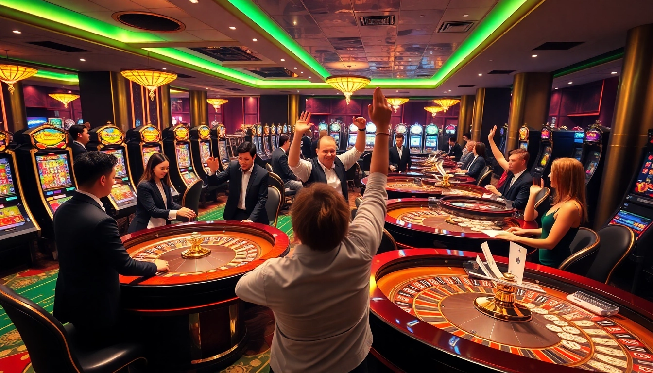 Exciting gaming experience at nhà cái fc88 with luxurious casino tables, professionals, and enthusiastic players.
