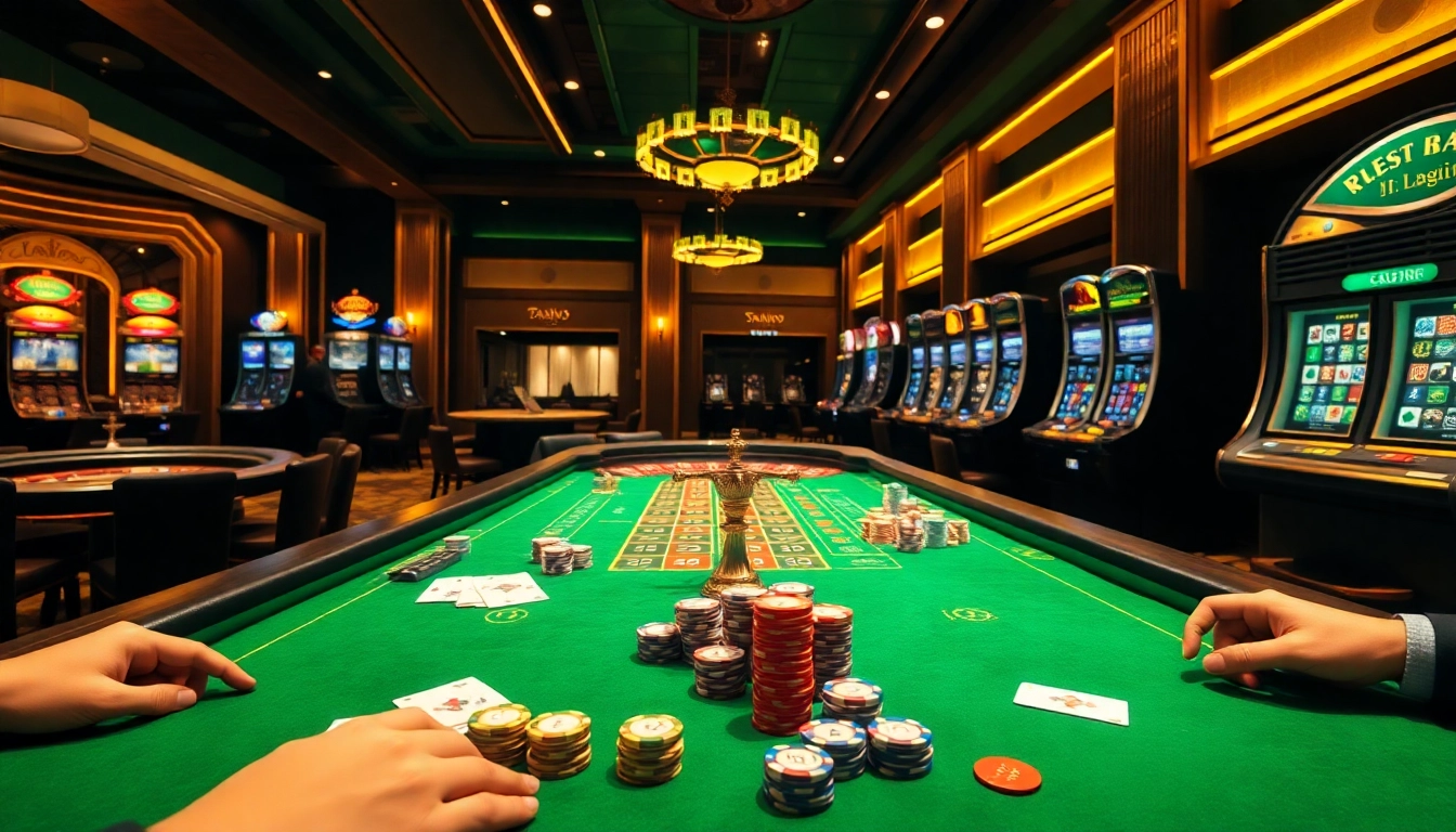 Exciting gaming scene at nhà cái cwin with players betting at tables and colorful casino elements.