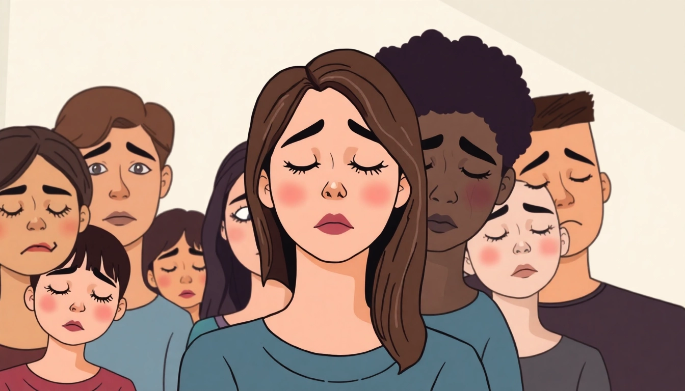 Illustration showcasing diverse faces expressing various depression symptoms with thoughtful ambiance.