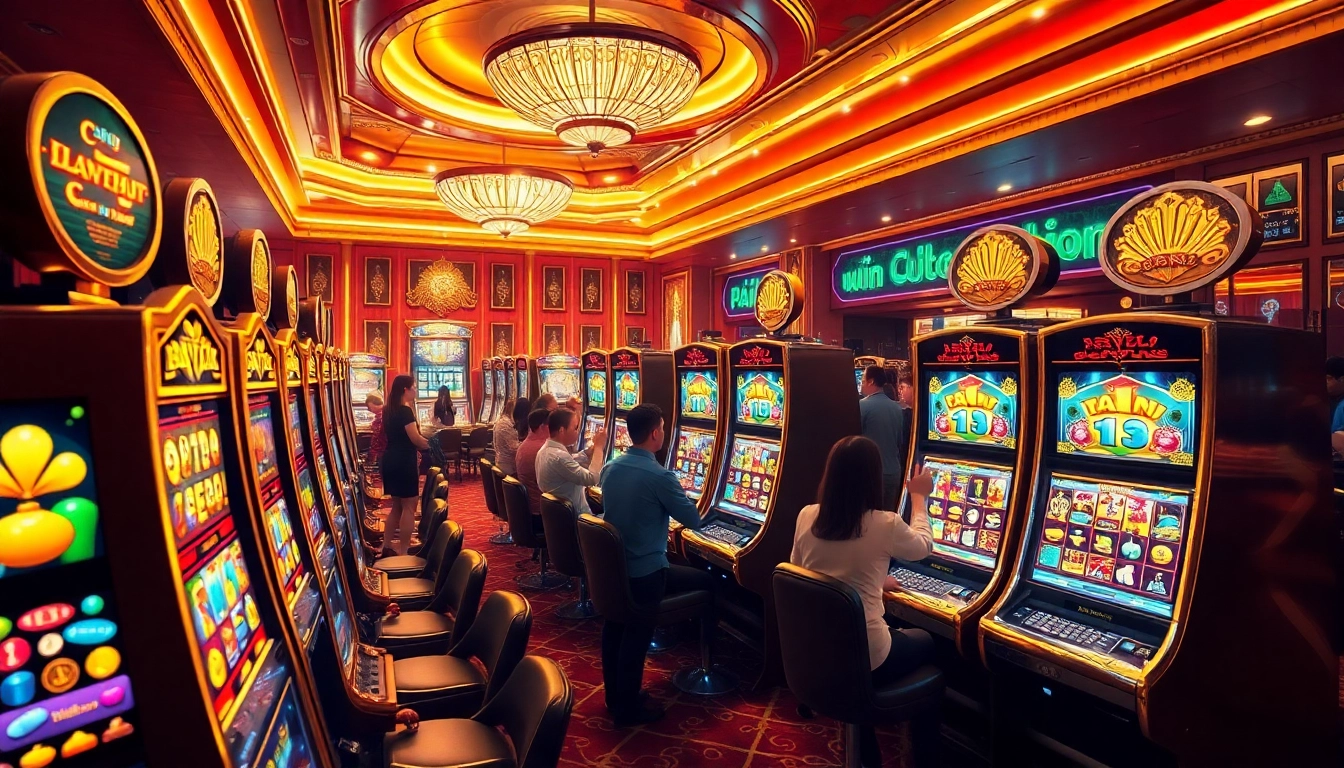 Nổ hũ gameplay at a luxury casino with vibrant slot machines and eager players.