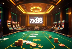 A player indulges in online gaming at https://xx88.bot/, featuring sophisticated tables and vibrant gambling elements.