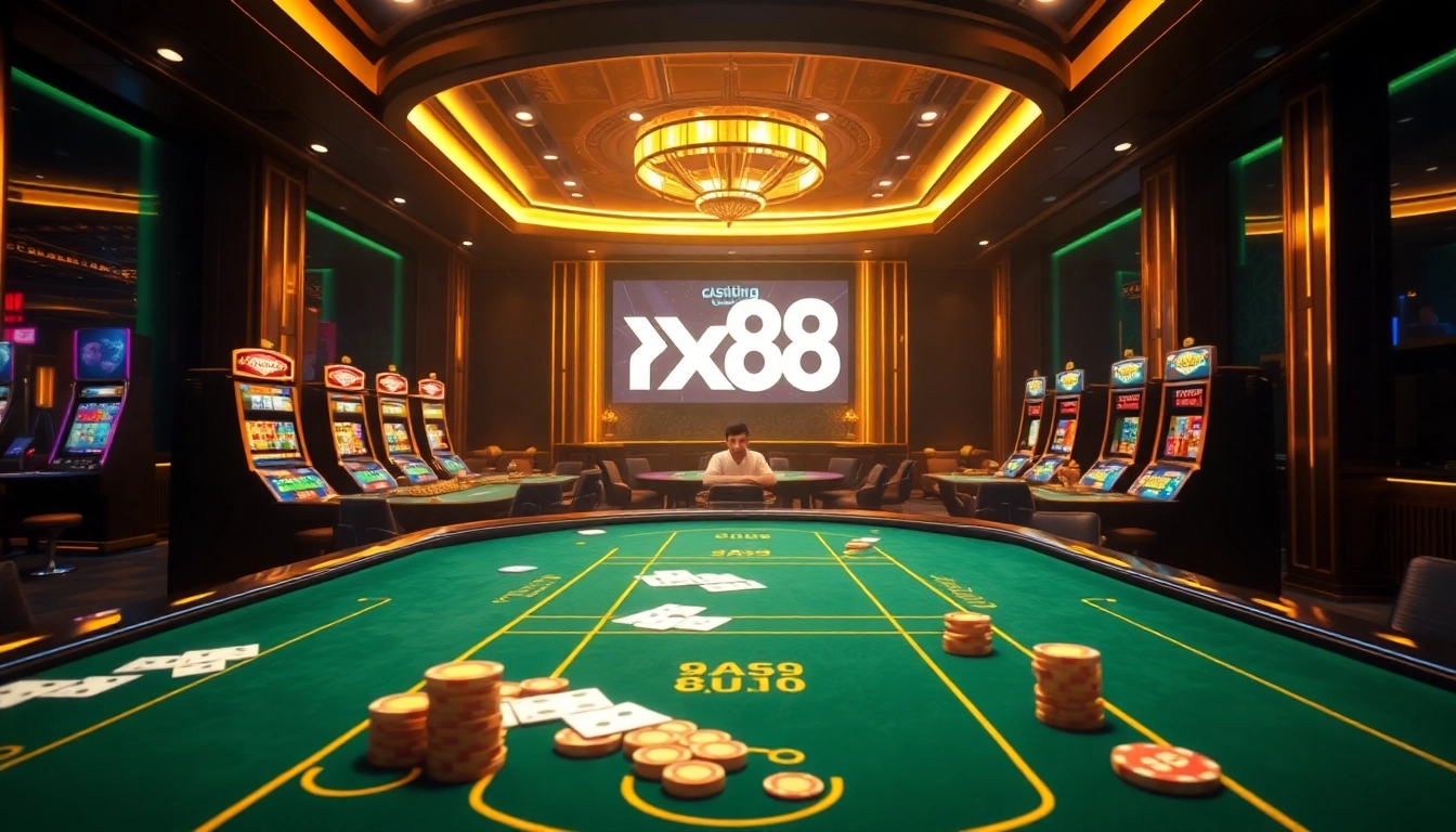 A player indulges in online gaming at https://xx88.bot/, featuring sophisticated tables and vibrant gambling elements.