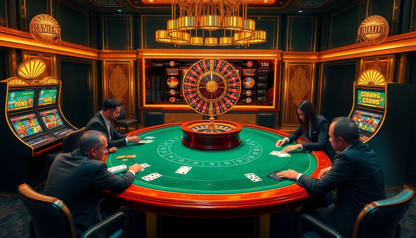 GK88's exclusive online casino scene showcasing high-stakes poker and vibrant slot machines.