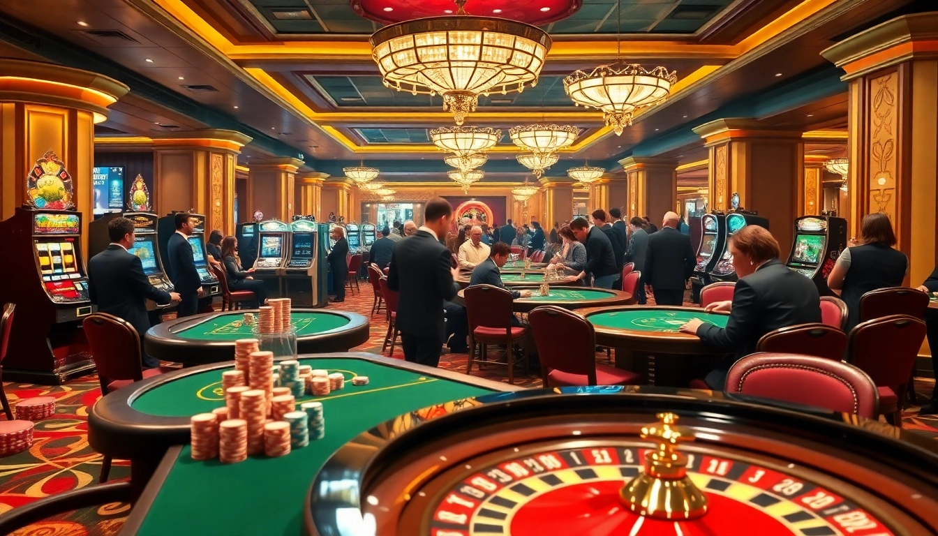 Joueurs enthousiastes profitant des jeux dans un casino en ligne de premier plan en France avec une atmosphère dynamique.