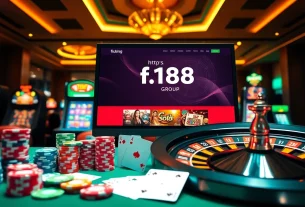 Experience thrilling gambling at https://f168.group/ with vibrant casino elements like poker chips and digital slots.